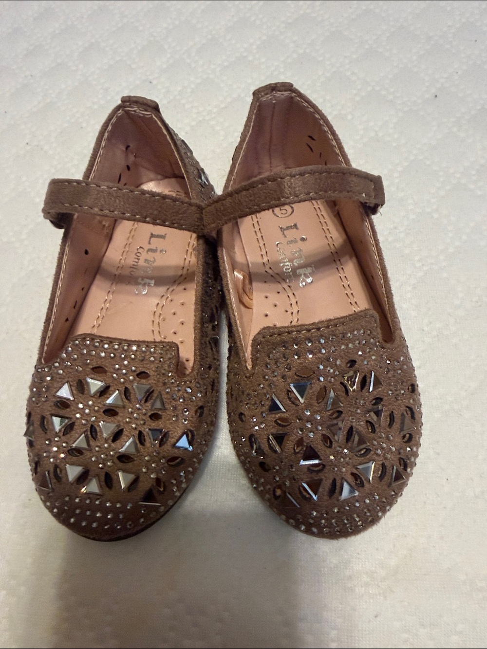 Little Lass Brown Suede-Look Mary Jane Dress Shoes with Decorative Cutouts